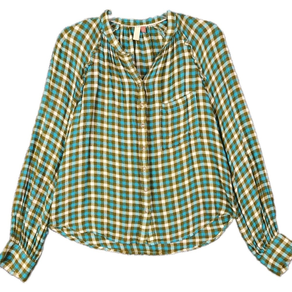 Pilcro Plaid Blouse Medium Boho Peasant Top Wool Blend Buttonā Front
